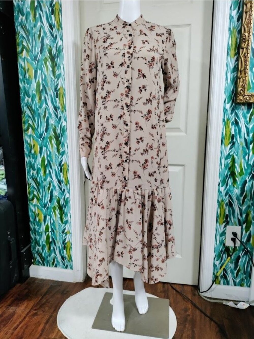 Begonia Puff Long Sleeve High Neck Floral Print Hi-Low Dress Beige Womens Small - Picture 3 of 16